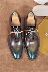 TucciPolo Mens Handmade Greenish Brown Oxford Side Handsewn Welted Italian Leather Core Luxury Shoe