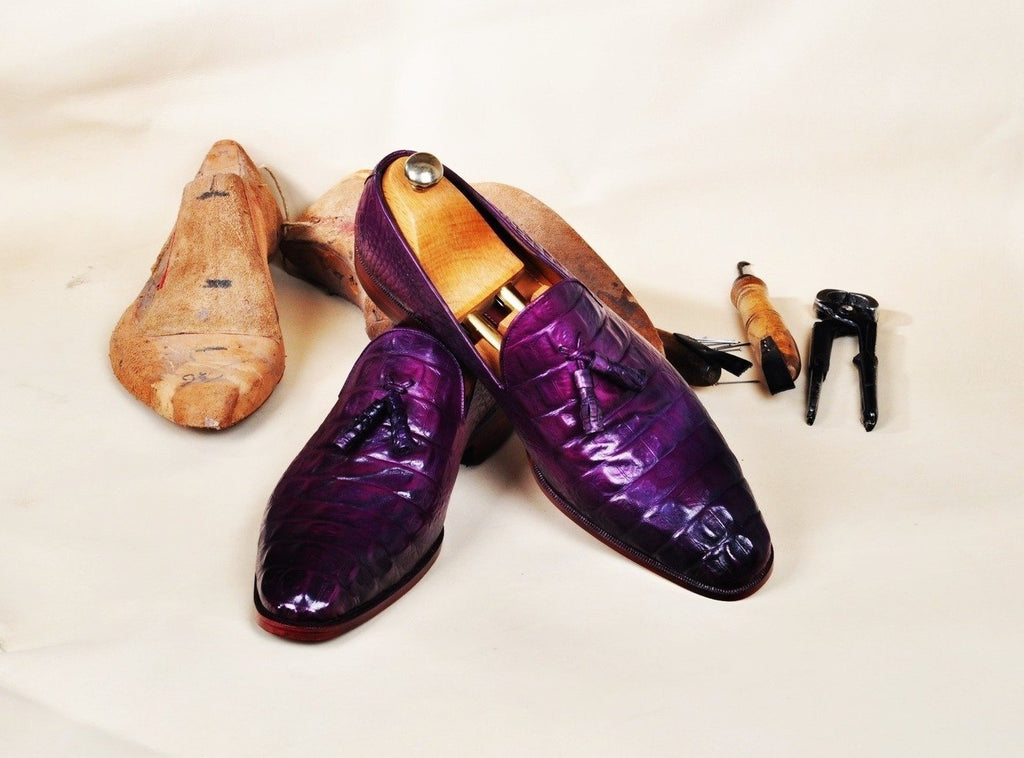 Tuccipolo men's purple crocodile embossed calfskin luxury tassel loafe