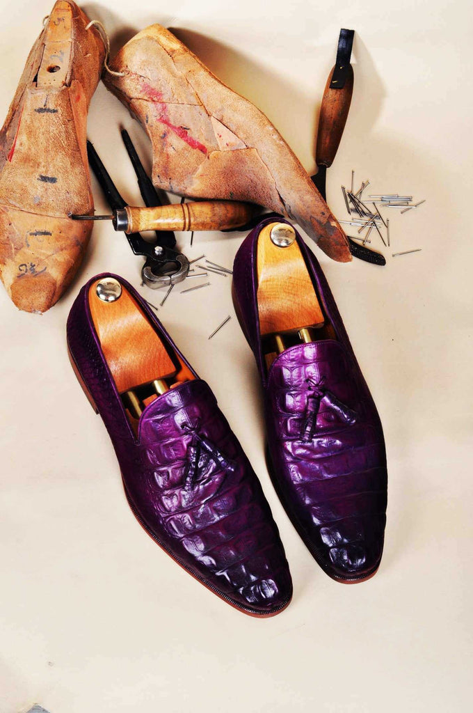 Tuccipolo men's purple crocodile embossed calfskin luxury tassel loafe
