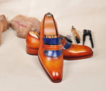 TucciPolo Handmade Leather Luxury Handpolished Tan & Blue Mens Loafers Shoe