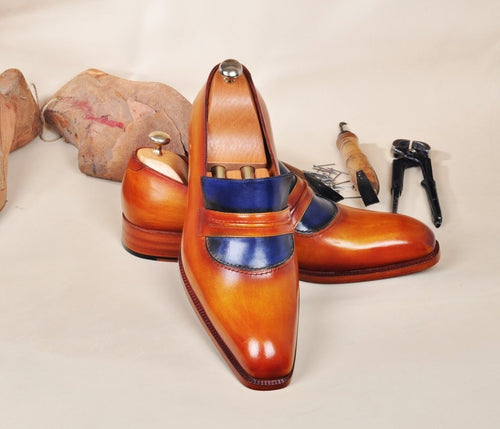 TucciPolo Handmade Leather Luxury Handpolished Tan & Blue Mens Loafers Shoe