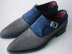 TucciPolo Mens Genuine Blue Stingray with Half Suede HandWelted Handmade Monkstrap Pointed Toe Shoe