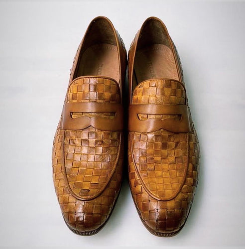 TucciPolo Digno-T Stylish Tobacco Chequeboard Woven Italian Leather Handmade Mens Loafer Shoe 7