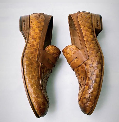 TucciPolo Digno-T Stylish Tobacco Chequeboard Woven Italian Leather Handmade Mens Loafer Shoe 9