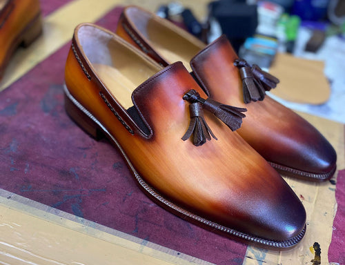 TucciPolo Mens Classic Italian Calf Skin Handmade Tassel Tan Carnel Loafers Shoes