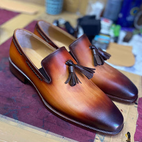 TucciPolo Mens Classic Italian Calf Skin Handmade Tassel Tan Carnel Loafers Shoes
