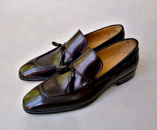TucciPolo Mens Black Handcrafted Tassel Italian Calfskin Luxury Loafers