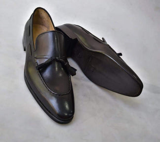 TucciPolo Mens Black Handcrafted Tassel Italian Calfskin Luxury Loafers