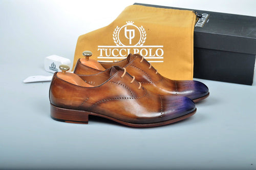 Special Design TucciPolo Prestigiously Handcrafted Brown with Blueish Toe Luxury Oxford Mens Italian Leather Shoes