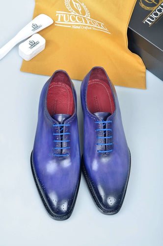 TucciPolo Burnished Royal Blue Alessandro Wholecut handmade Luxury HandWelted Oxford Italian Leather Mens Shoes