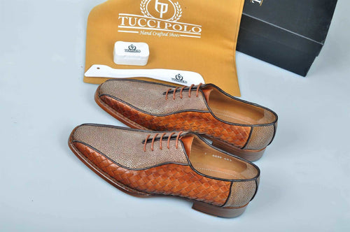 Special Edition TucciPolo Half Genuine Orange Stingray with Weave Leather Prestigiously HandWelted Oxford Mens Luxury Shoes