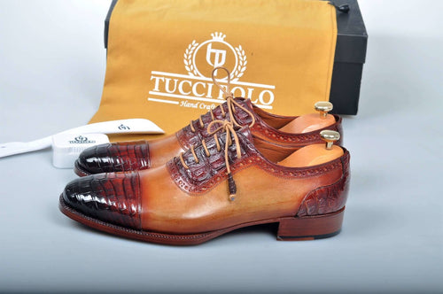 Special Edition TucciPolo Prestigiously Handcrafted Mens Half Aligator Leather with Calf Skin Luxury Cap toe Shoes