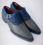 TucciPolo Mens Genuine Blue Stingray with Half Suede HandWelted Handmade Monkstrap Pointed Toe Shoe