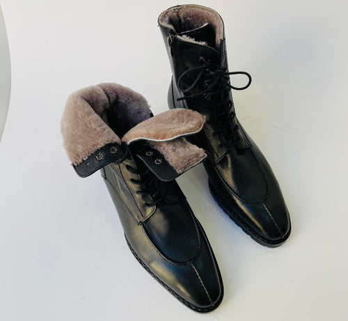 TucciPolo Black Split Toe Fur Dress Boots — Handmade Italian Leather Luxury Winter Boots 8.5 / Medium (D)