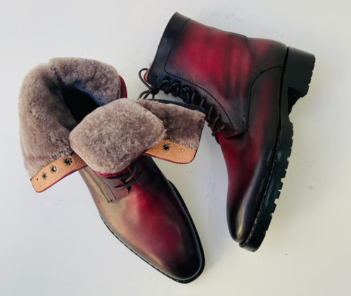Buy TucciPolo Mens handmade Luxury Italian leather Winter Fur burnished burgundy dress Boots