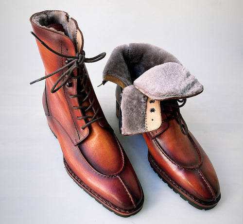 Buy TucciPolo Mens handmade Luxury Italian leather Winter Burnished Split Toe Tan Fur Dress Boots