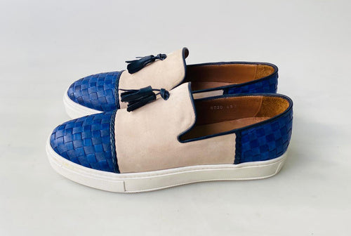 TucciPolo Limited Edition Mens Handcrafted Blue Weave and Beige Suede leather Tassel Slip on Loafer Sneaker