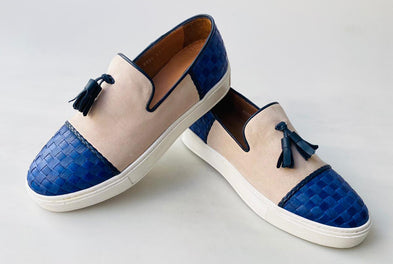 TucciPolo Limited Edition Mens Handcrafted Blue Weave and Beige Suede leather Tassel Slip on Loafer Sneaker