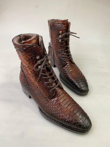New TucciPolo Mens Winter Luxury Brown Boots Handcrafted with Real Python Leather and Fur Lining