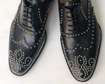 TucciPolo Limited Edition Mens Luxury Studded Black Brogue Italian Leather Handstitched Double Leather Sole Oxford Shoes