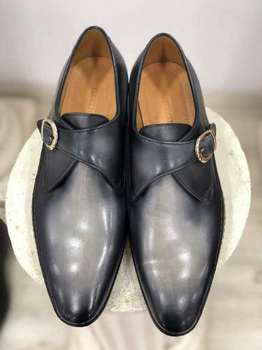 TucciPolo Men's Single-Buckle Blackish Grey Monkstraps Italian Leather Handmade Luxury Shoes