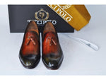 TucciPolo Mens Handcrafted Italian Leather Tassel Two Tone Green & Tan Luxury Loafers Shoe