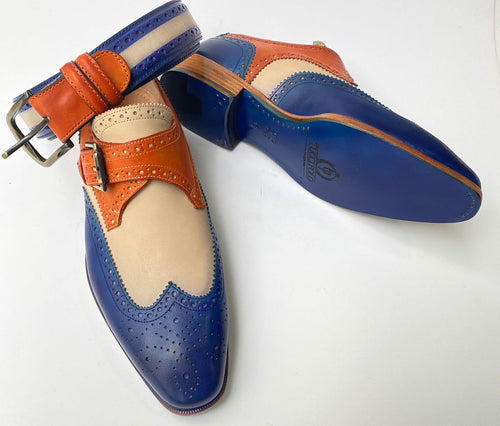 TucciPolo Handmade 3-Tone Brogue Luxury Italian all Leather Mens Dress Single Buckle Monkstrap Shoe with Matching Belt Combo