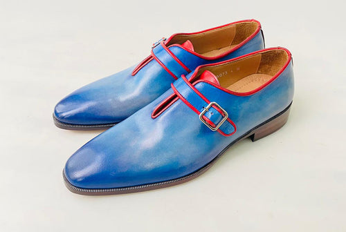 TucciPolo Handmade Luxury Blue Monkstrap with Red Trim Mens Italian Leather Shoes