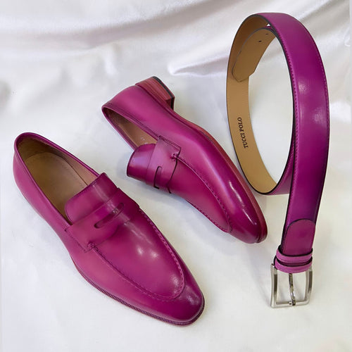 TucciPolo Luma Classic Elegant Purple Pink Italian Leather Mens Luxury Loafer Handmade Shoe with Matching Belt Combo