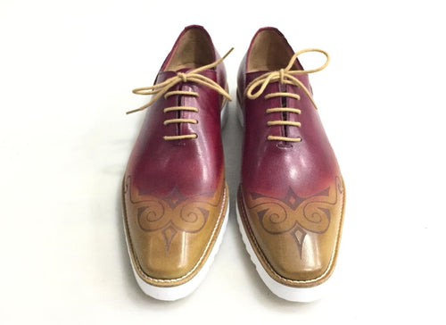 TucciPolo Mens Exclusive Handmade Italian Leather two tone Burgundy-Beige Oxford Style Casual Sneaker Dress Shoes