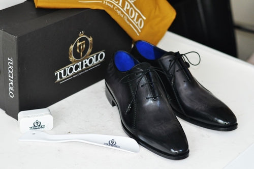 TucciPolo Black Oxford Mens Handcrafted Italian Leather Luxury Shoe with Leather Wrapped Laces