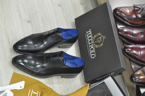 TucciPolo Black Oxford Mens Handsewn Italian Leather Luxury Shoe with Leather Wrapped Laces