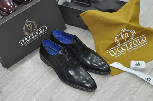 TucciPolo Black Oxford Mens Handsewn Italian Leather Luxury Shoe with Leather Wrapped Laces
