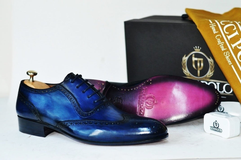 Tuccipolo bleached blue oxford mens handcrafted leather hand-painted l