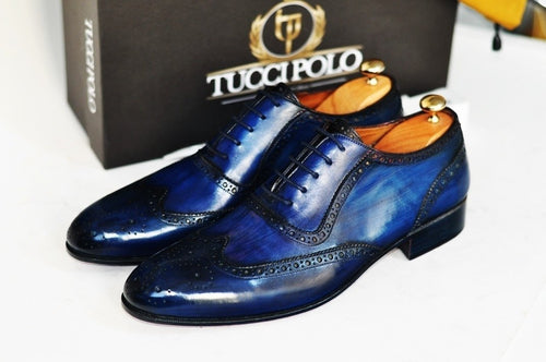 TucciPolo Bleached Blue Oxford Mens Handcrafted Leather Hand-Painted Luxury Shoe