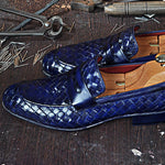 TucciPolo Digno-B Stylish Blue Chequeboard Woven Calfskin Handmade Italian Leather Loafer Shoe