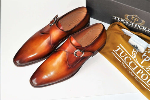 TucciPolo Luxury Mens Handmade Monkstrap Tan Italian Leather Shoe