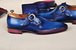 TucciPolo Men's Monkstrap HandPolished Bleached Blue Side Handsewn Twisted Leather Sole Luxury Shoe