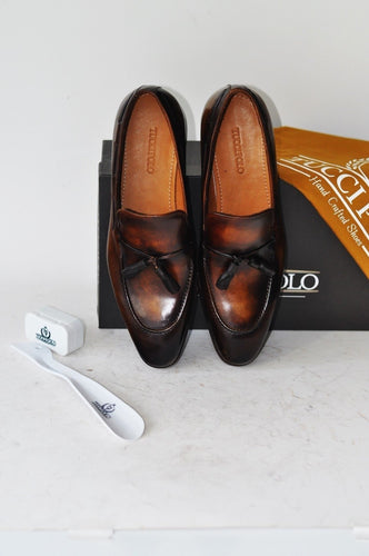 TucciPolo Mens Brown Handcrafted Tassel Italian Calfskin Luxury Loafers