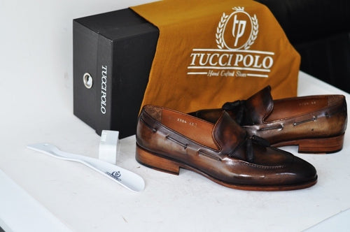 Tuccipolo mens classic italian calf skin handmade tassel tan carnel lo