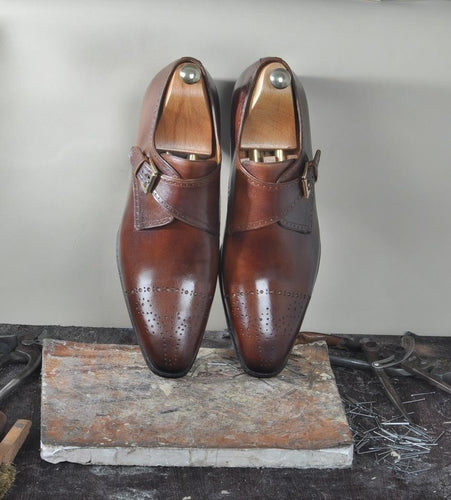 TucciPolo Mens Classic Single Buckle Monkstrap Toe Cap Luxury Handmade Leather Shoe