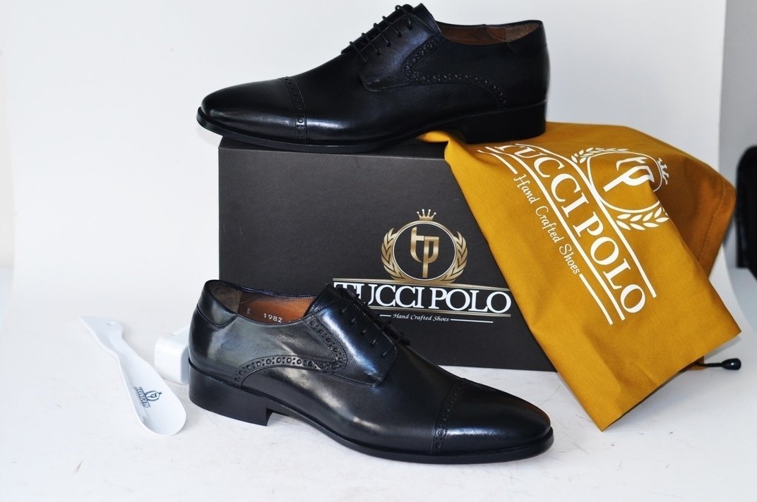 TucciPolo Mens Derby Style Handcrafted Black Leather Luxury Shoes