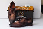 TucciPolo Mens Derby Style Luxury Shoe - Side Handsewn Bleached Brown Suede Upper and Leather Sole