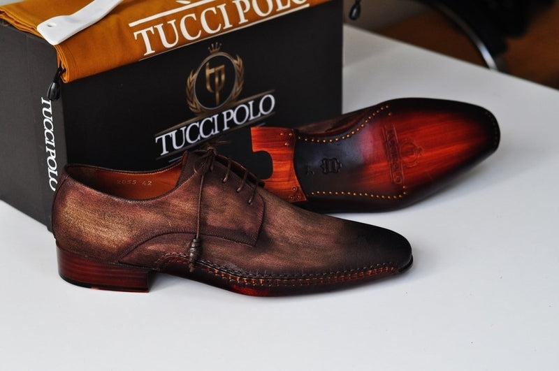 TucciPolo Mens Derby Style Luxury Shoe Side Handsewn Bleached Brown Suede Upper and Leather Sole Wide E 2E 14