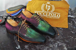 TucciPolo Mens Derby Style Luxury Shoe - Side Handsewn Bleached Greenish Purple Suede Upper