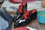 TucciPolo Mens Handmade 2 Tone Black and Red Italian Leather Luxury HandPolished Classic Shoe