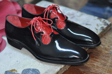 TucciPolo Mens Handmade 2 Tone Black and Red Italian Leather Luxury HandPolished Classic Shoe