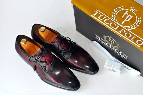 TucciPolo Mens Handmade Burgundy Oxford Italian Leather Luxury Shoe