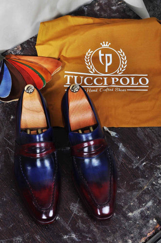 TucciPolo Mens Handmade Italian Leather Luxury Two Tone Blueish Burgundy Loafers Shoe