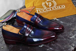 TucciPolo Mens Handmade Italian Leather Luxury Two Tone Blueish Burgundy Loafers Shoe